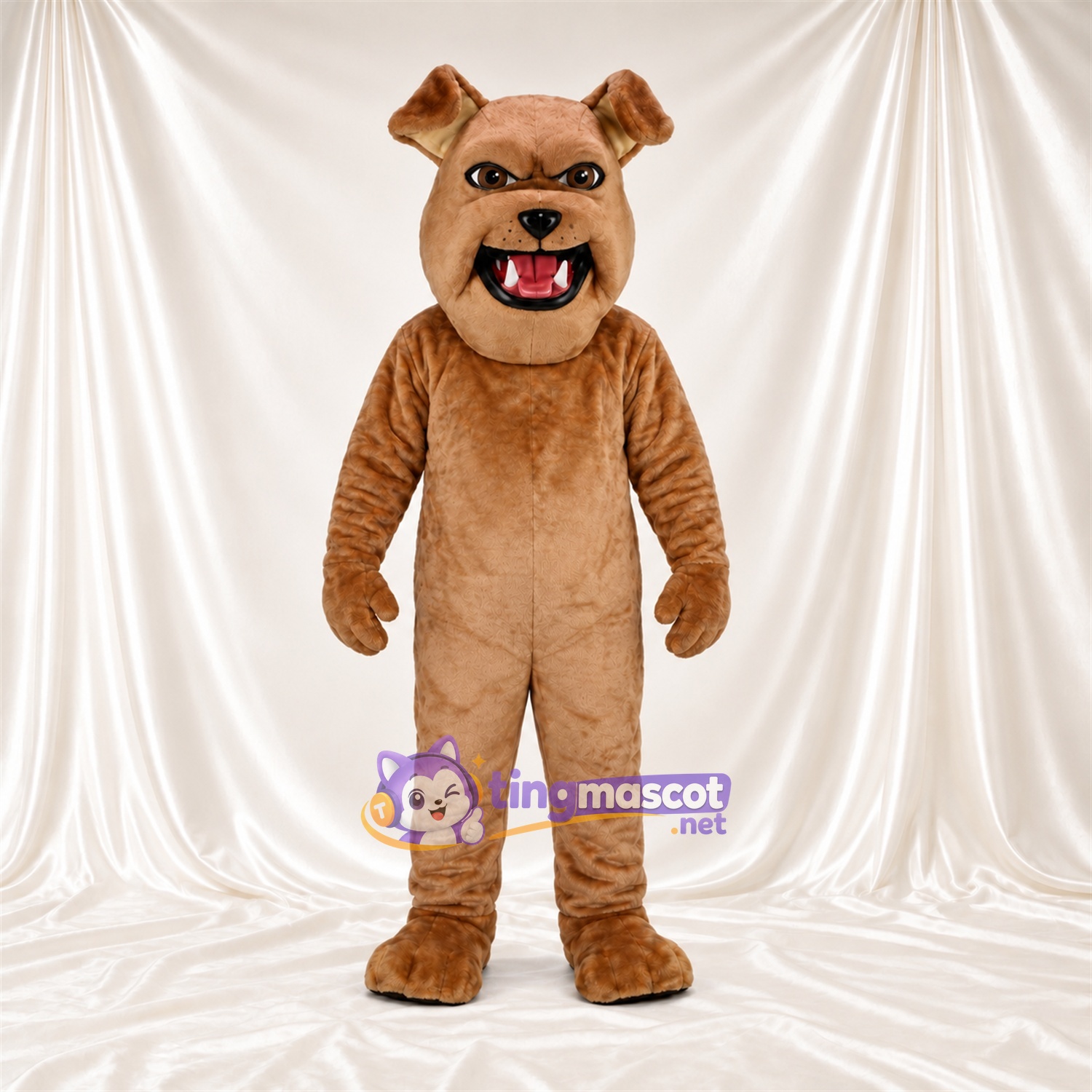 Costume de mascotte Bouledogue – brun clair – Bouche ouverte Costume de mascotte Bouledogue – brun clair – Bouche ouverte