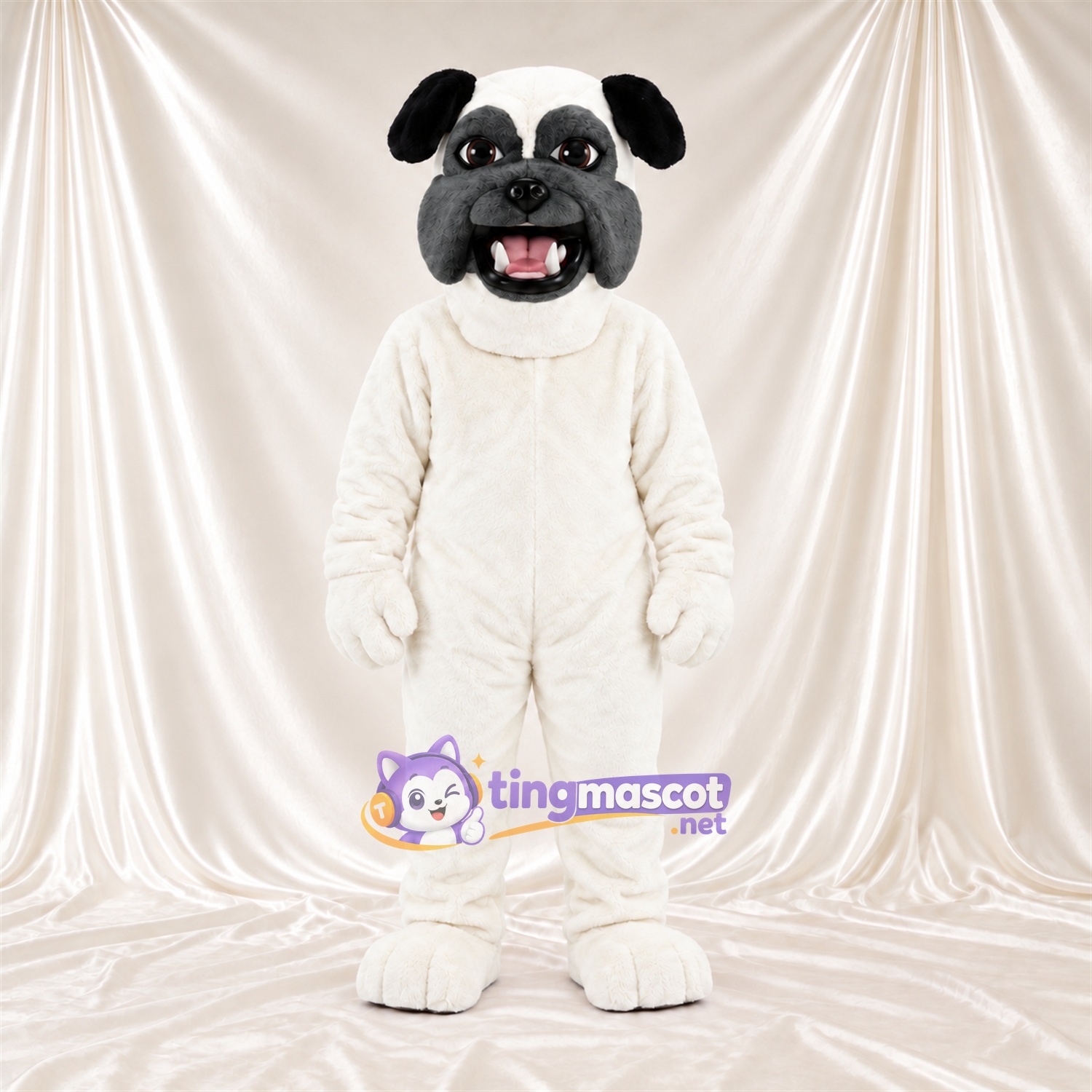 Costume de mascotte Bouledogue – blanc – Visage (noir); Oreilles Costume de mascotte Bouledogue – blanc – Visage (noir); Oreilles
