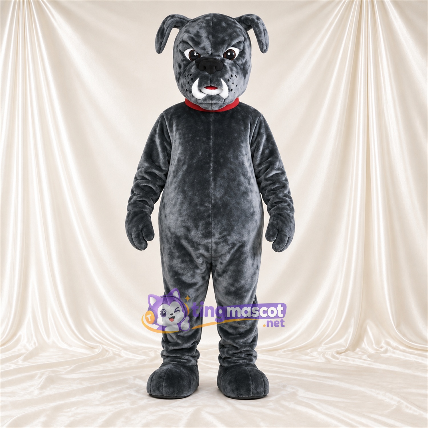 Maskottchenkostüm Bulldogge – grau – Kragen (rot); Zunge (rot) Maskottchenkostüm Bulldogge – grau – Kragen (rot); Zunge (rot)