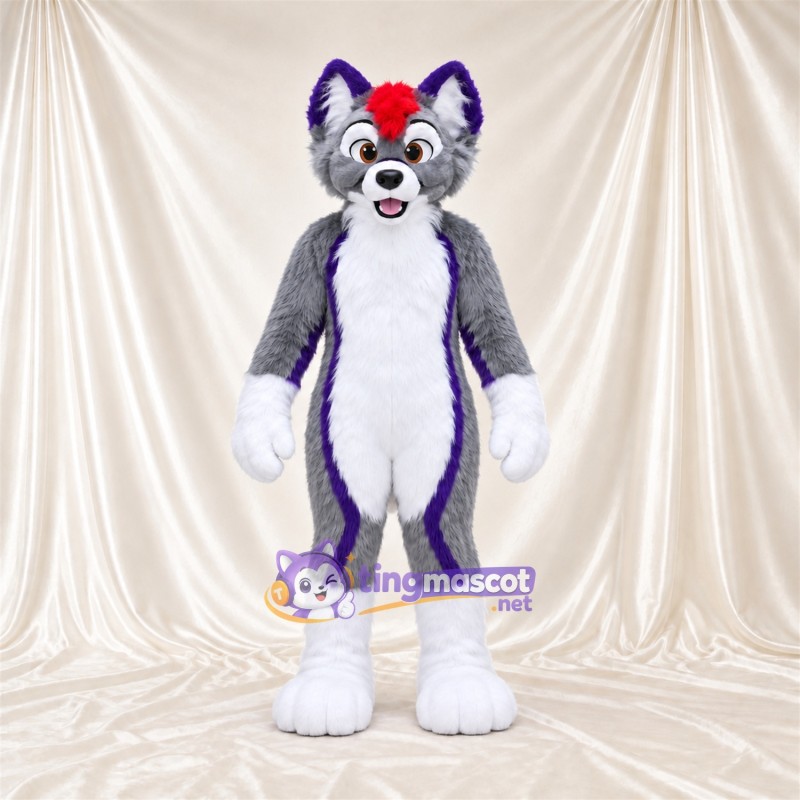Gray and Purple Husky Mascot Costume - White Belly Gray and Purple Husky Mascot Costume - White Belly