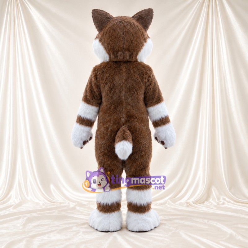 Maskottchenkostüm Hund – braun / weiß – Knöchelmanschetten (weiß); Handgelenkmanschetten (weiß) Maskottchenkostüm Hund – braun / weiß – Knöchelmanschetten (weiß); Handgelenkmanschetten (weiß)
