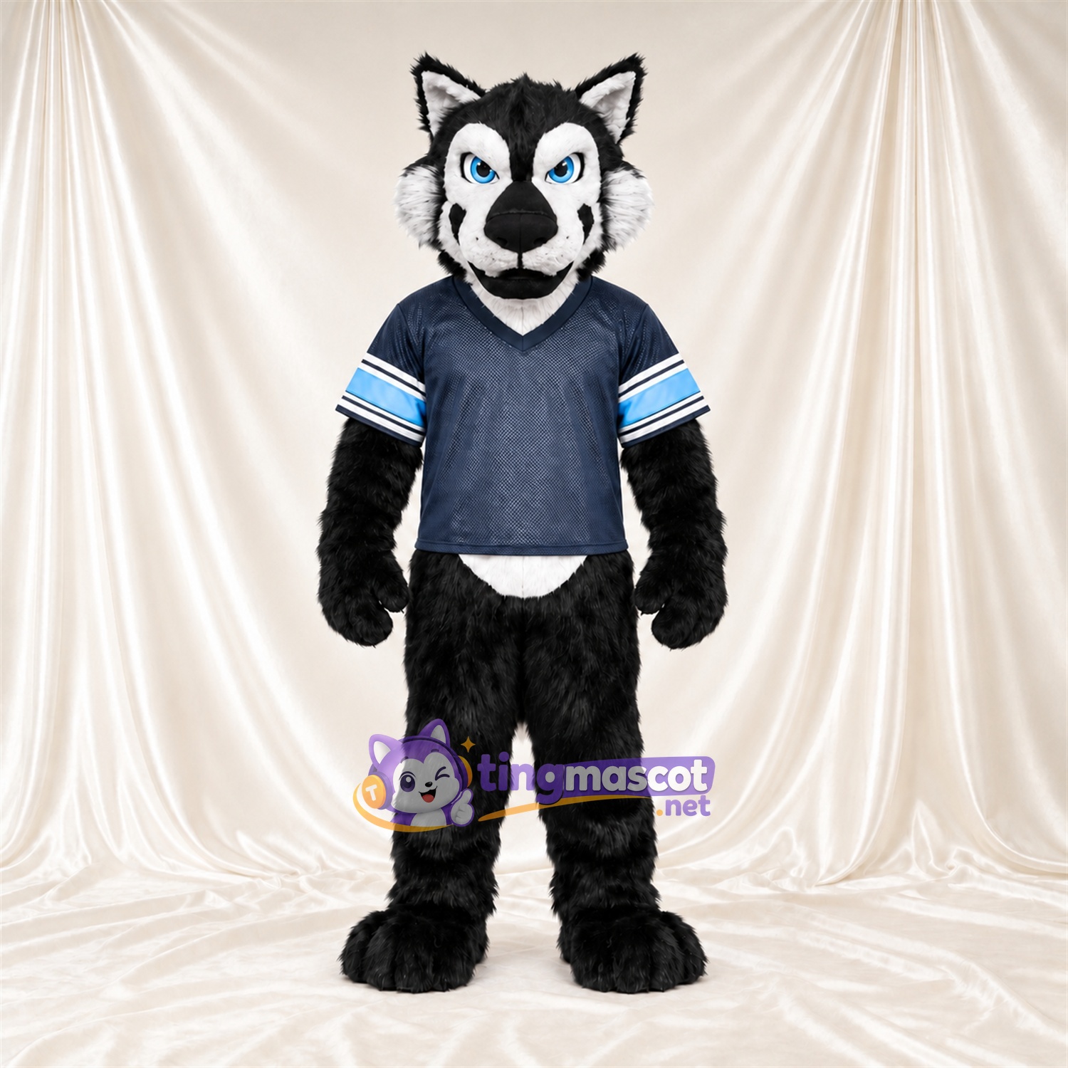 Costume de mascotte Husky – noir / blanc – Maillot (bleu) Costume de mascotte Husky – noir / blanc – Maillot (bleu)