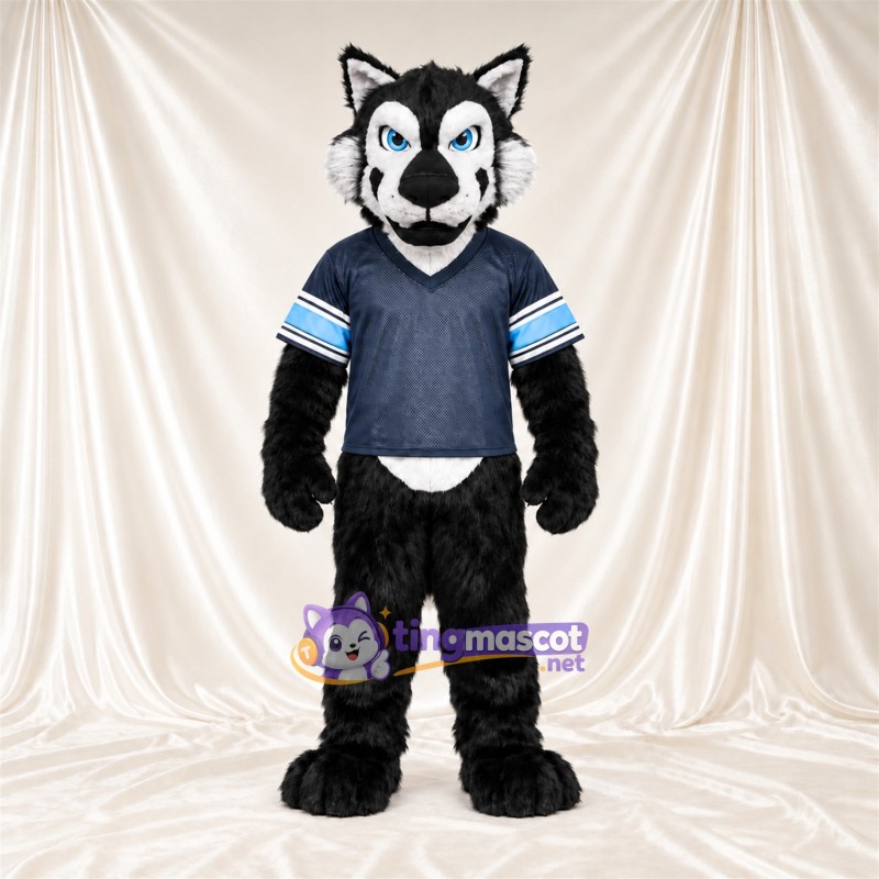 Costume de mascotte Husky – noir / blanc – Maillot (bleu) Costume de mascotte Husky – noir / blanc – Maillot (bleu)