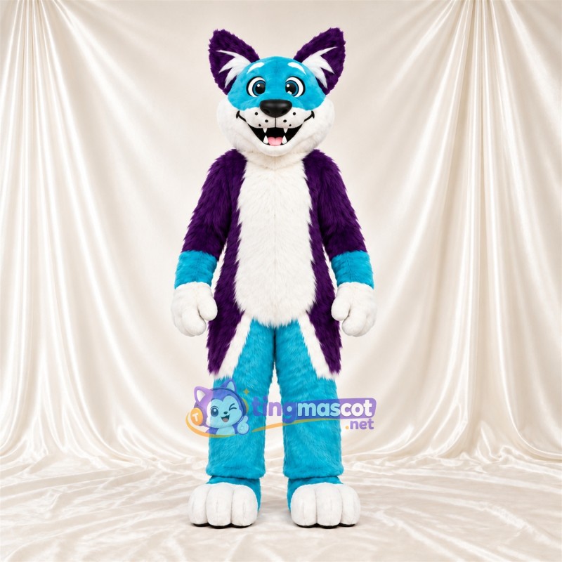 Purple and Teal Husky Mascot Costume - White Belly Purple and Teal Husky Mascot Costume - White Belly
