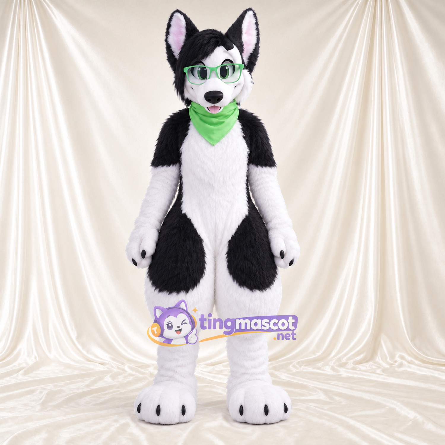 Black and White Husky Mascot Costume - Green Scarf and Glasses Black and White Husky Mascot Costume - Green Scarf and Glasses