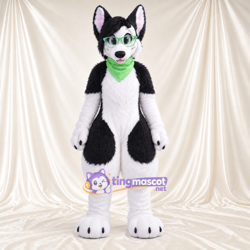 Black and White Husky Mascot Costume - Green Scarf and Glasses Black and White Husky Mascot Costume - Green Scarf and Glasses