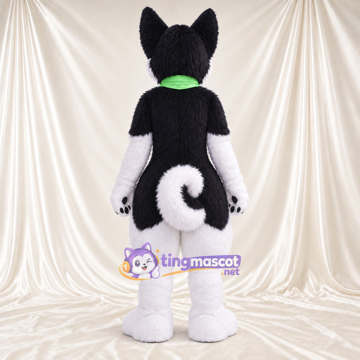 Black and White Husky Mascot Costume - Green Scarf and Glasses Black and White Husky Mascot Costume - Green Scarf and Glasses
