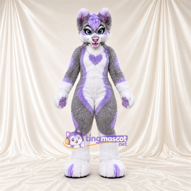 Gray and Purple Dog Mascot Costume - White Belly Gray and Purple Dog Mascot Costume - White Belly