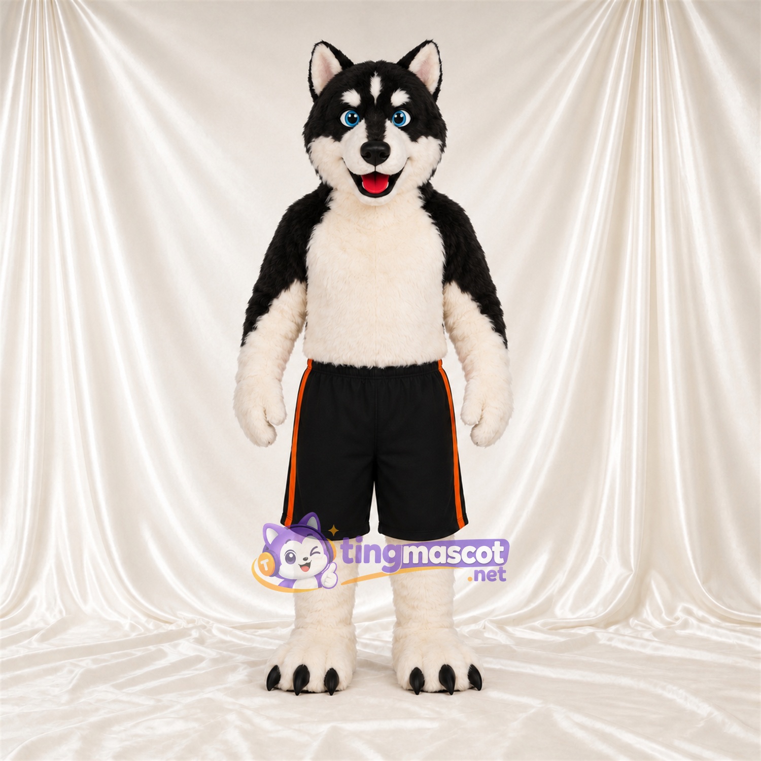 Maskottchenkostüm Husky – schwarz / weiß – Shorts (schwarz); Krallen (schwarz) Maskottchenkostüm Husky – schwarz / weiß – Shorts (schwarz); Krallen (schwarz)
