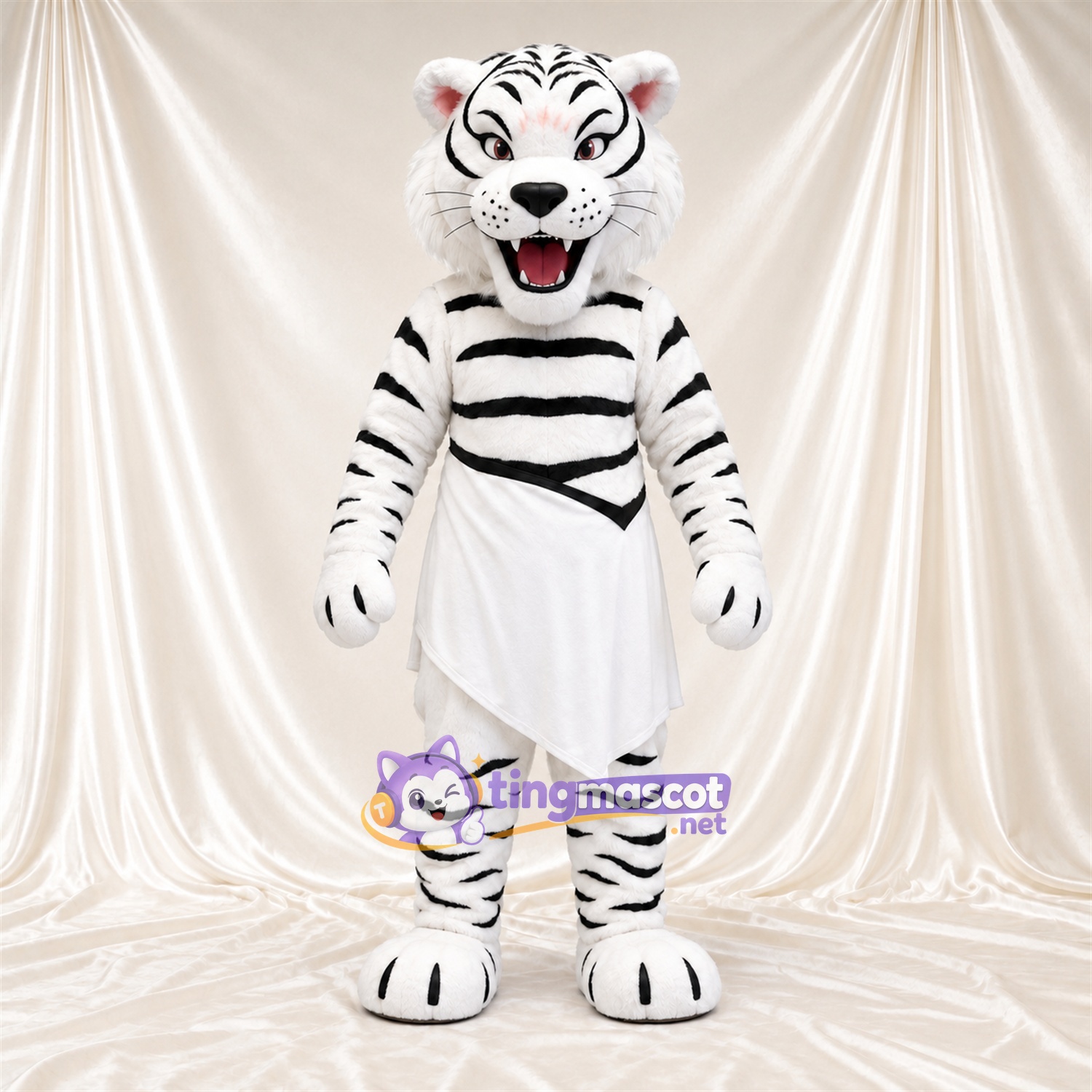 Costume de mascotte Tigre – blanc – Rayures (noir); Ventre (blanc) Costume de mascotte Tigre – blanc – Rayures (noir); Ventre (blanc)