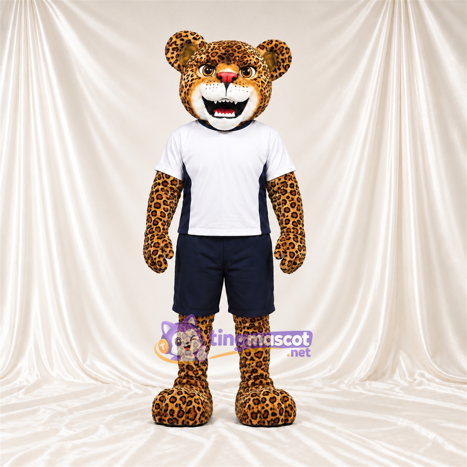 Costume de mascotte Léopard – jaune – Chemise (blanc); Short (noir) Costume de mascotte Léopard – jaune – Chemise (blanc); Short (noir)