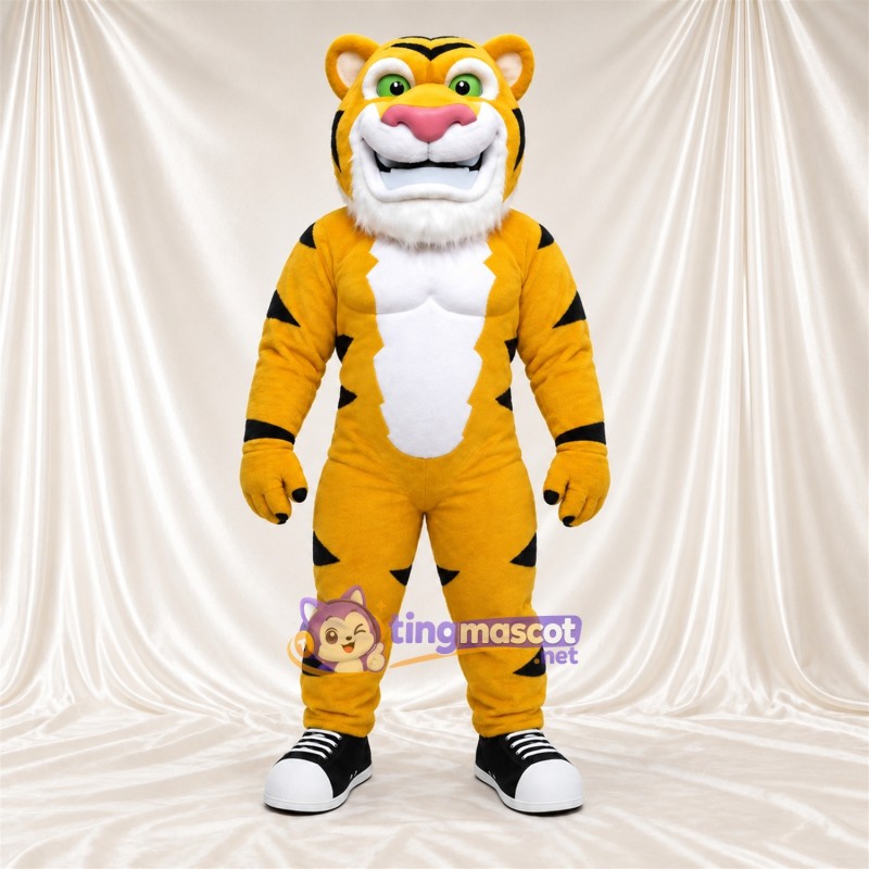 Costume de mascotte Tigre – jaune – Rayures (noir); Ventre (blanc)