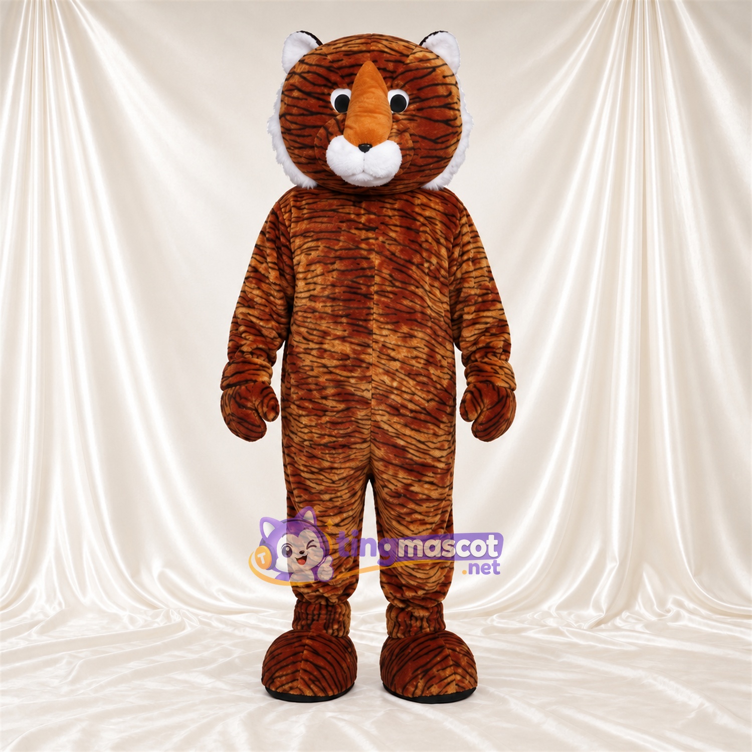 Costume de mascotte Tigre – marron – Museau (blanc); Fines rayures Costume de mascotte Tigre – marron – Museau (blanc); Fines rayures
