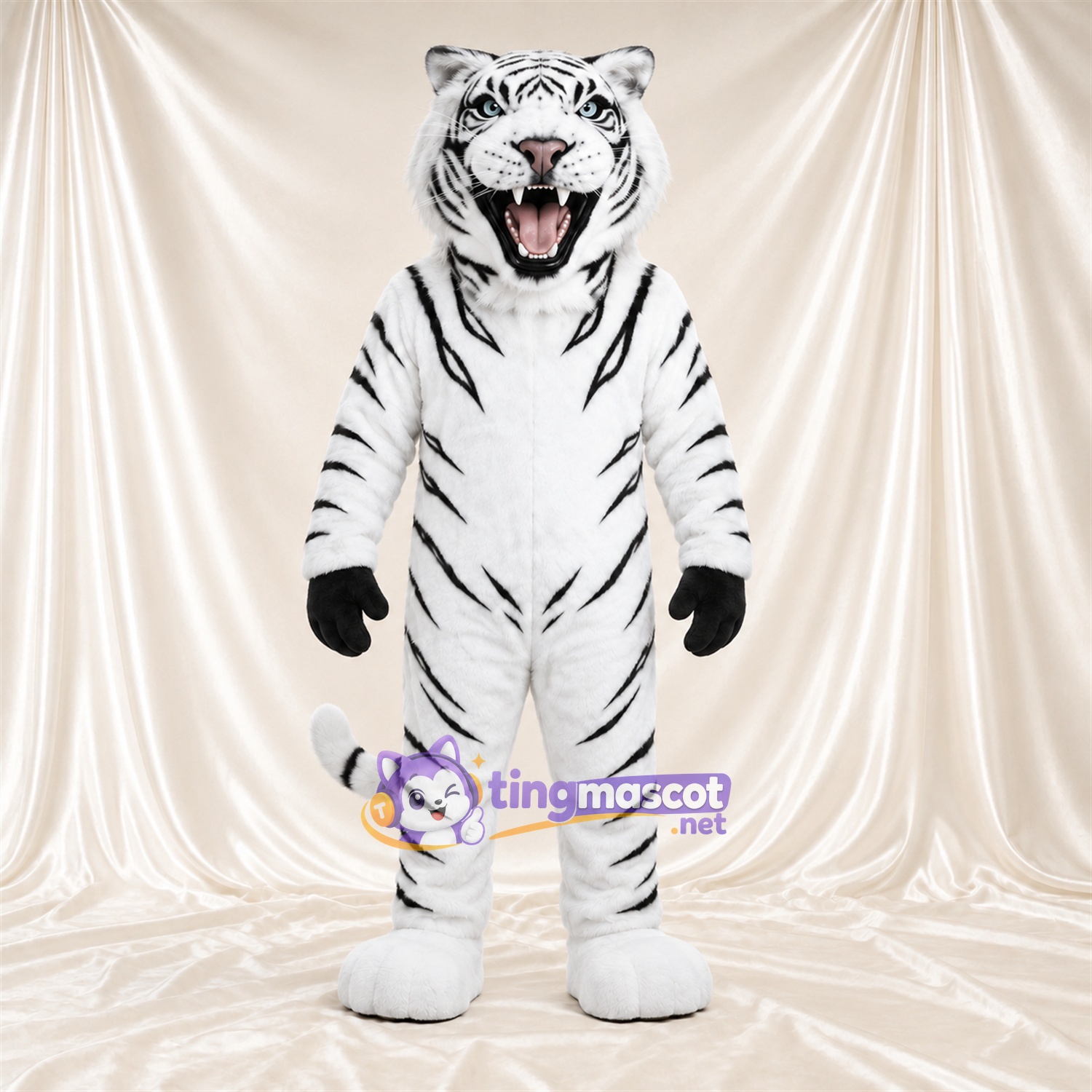 Costume de mascotte Tigre – blanc – Rayures (noir); Gants (noir) Costume de mascotte Tigre – blanc – Rayures (noir); Gants (noir)