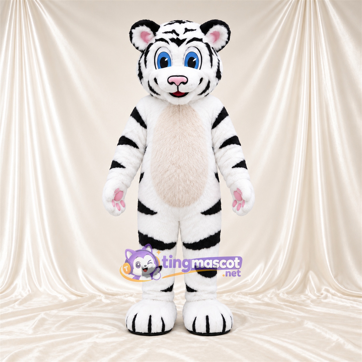Costume de mascotte Tigre – blanc – Rayures (noir); Coussinets (rose) Costume de mascotte Tigre – blanc – Rayures (noir); Coussinets (rose)