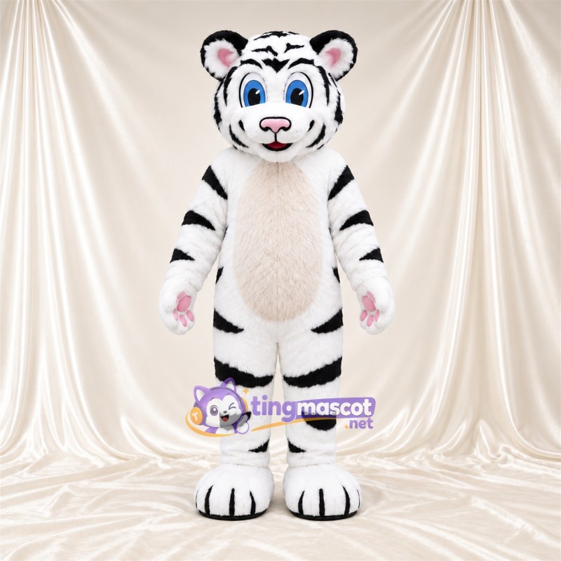 Costume de mascotte Tigre – blanc – Rayures (noir); Coussinets (rose) Costume de mascotte Tigre – blanc – Rayures (noir); Coussinets (rose)