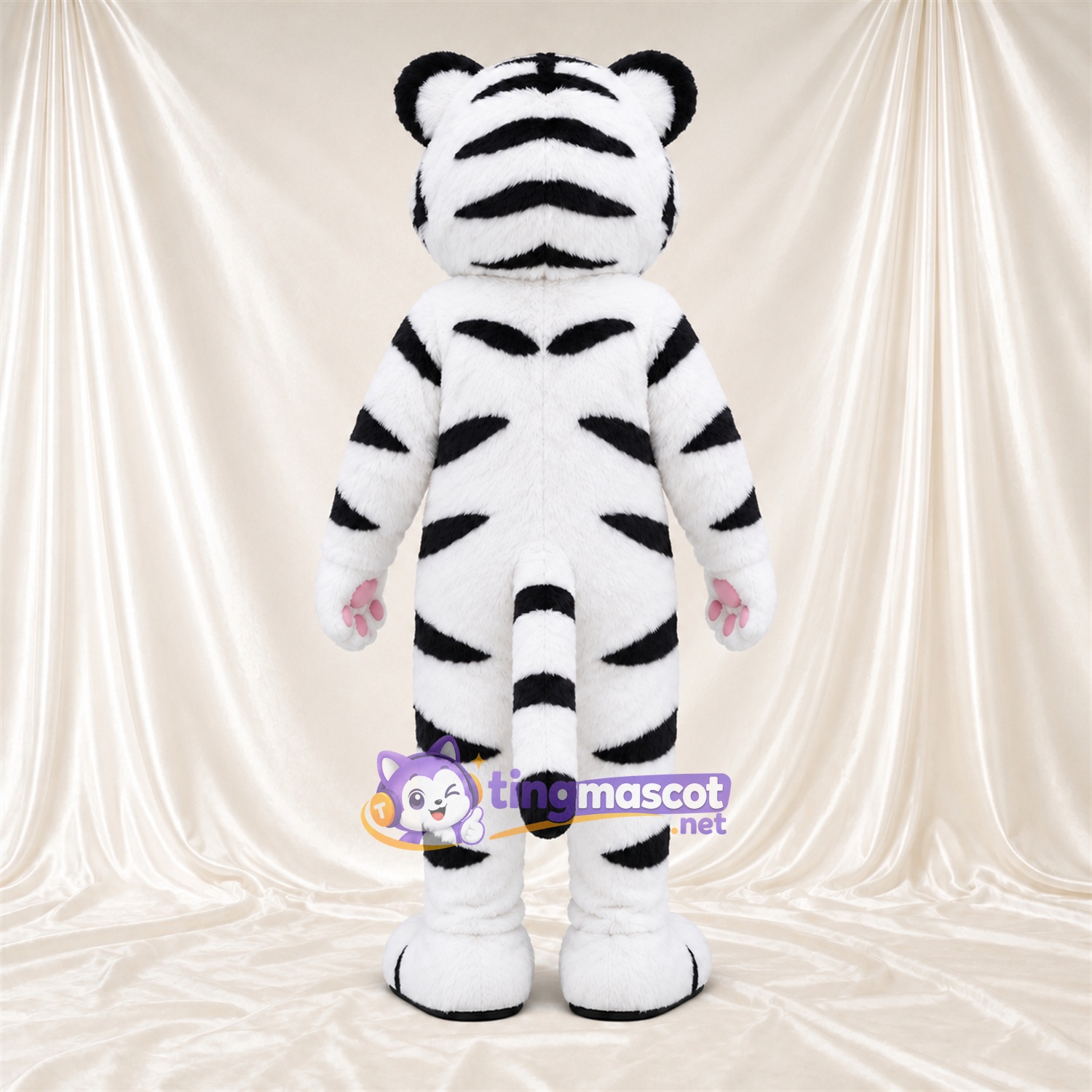 Costume de mascotte Tigre – blanc – Rayures (noir); Coussinets (rose) Costume de mascotte Tigre – blanc – Rayures (noir); Coussinets (rose)