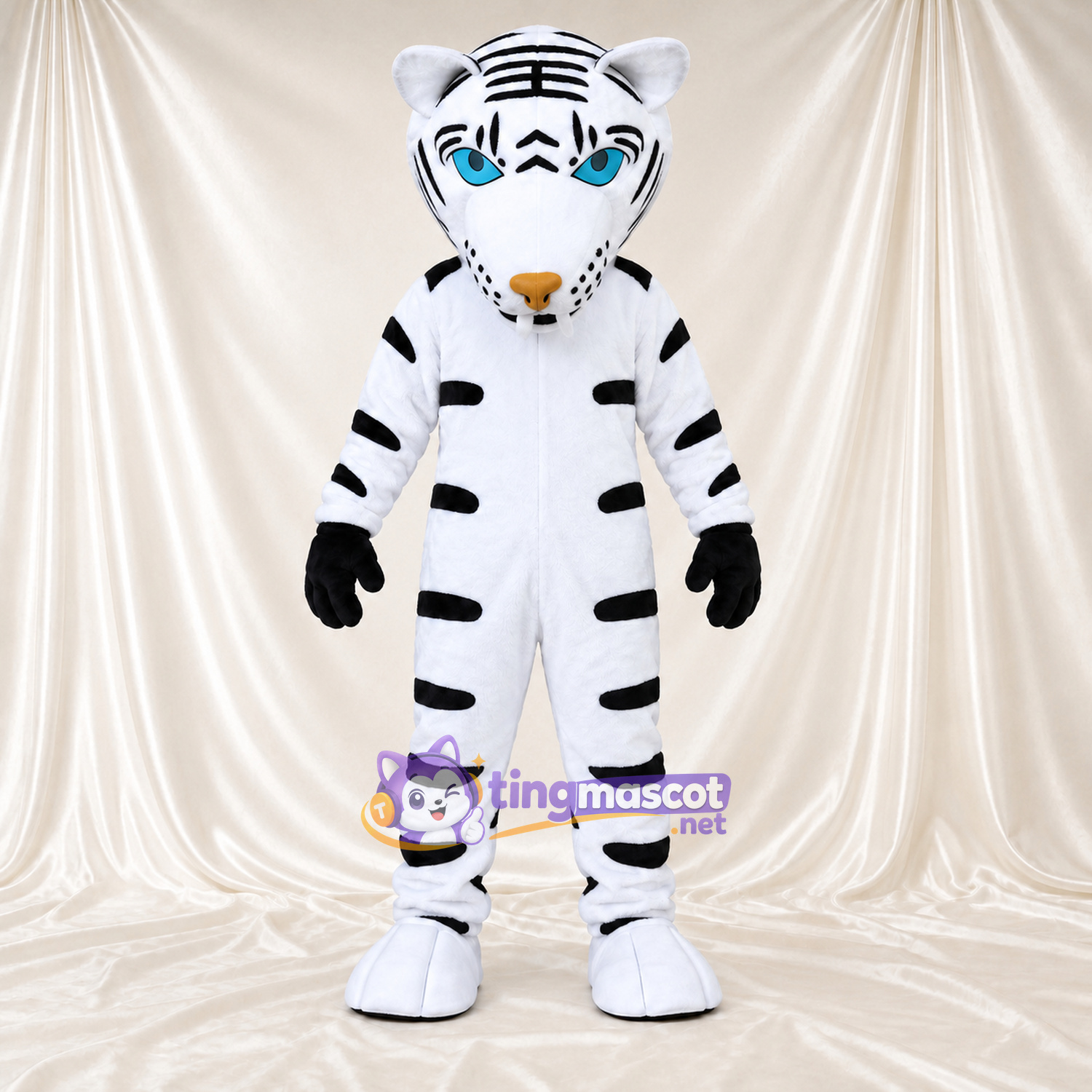Costume de mascotte Tigre – blanc – Rayures (noir); Gants (noir) Costume de mascotte Tigre – blanc – Rayures (noir); Gants (noir)