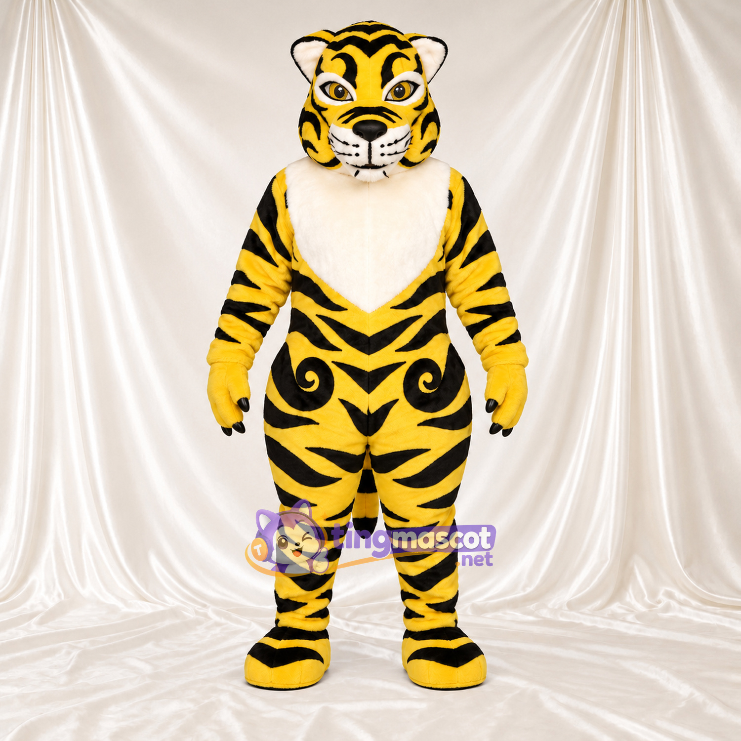 Costume de mascotte Tigre – jaune – Rayures (noir); Ventre (crème) Costume de mascotte Tigre – jaune – Rayures (noir); Ventre (crème)
