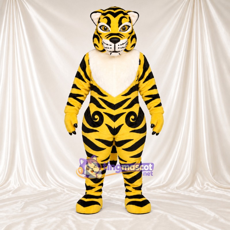 Costume de mascotte Tigre – jaune – Rayures (noir); Ventre (crème)