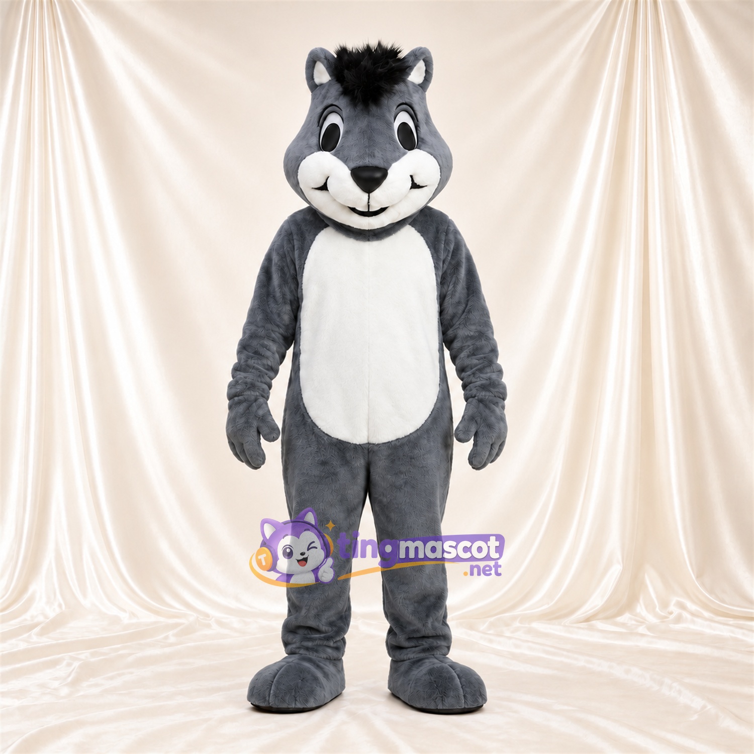 Maskottchenkostüm Comic-Nagetier – grau – Bauch (weiß); Haarschopf (schwarz) Maskottchenkostüm Comic-Nagetier – grau – Bauch (weiß); Haarschopf (schwarz)
