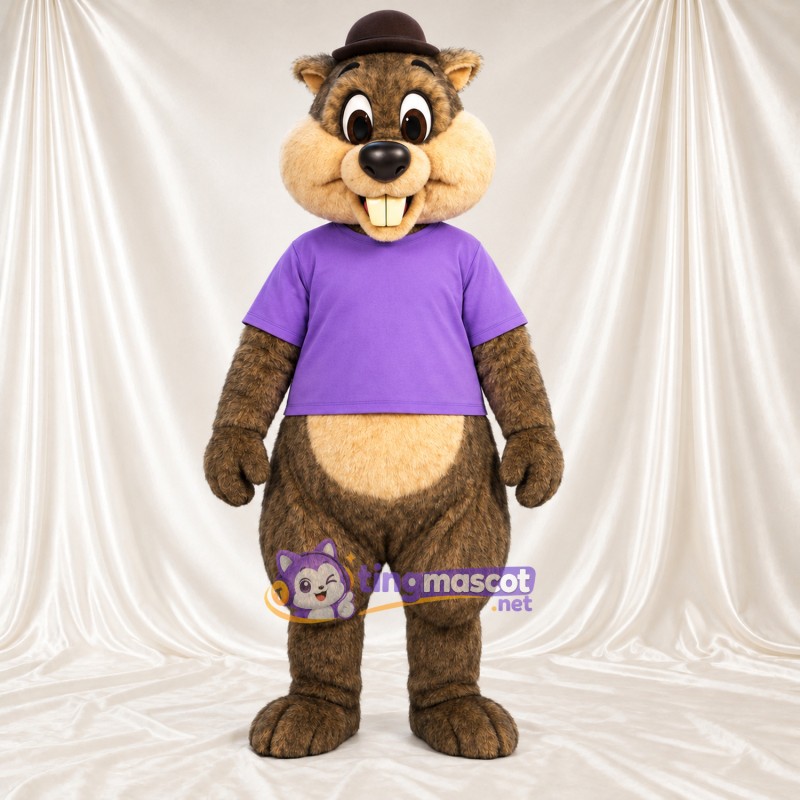 Costume de mascotte Marmotte – marron – Chemise (violet); Chapeau (marron) Costume de mascotte Marmotte – marron – Chemise (violet); Chapeau (marron)