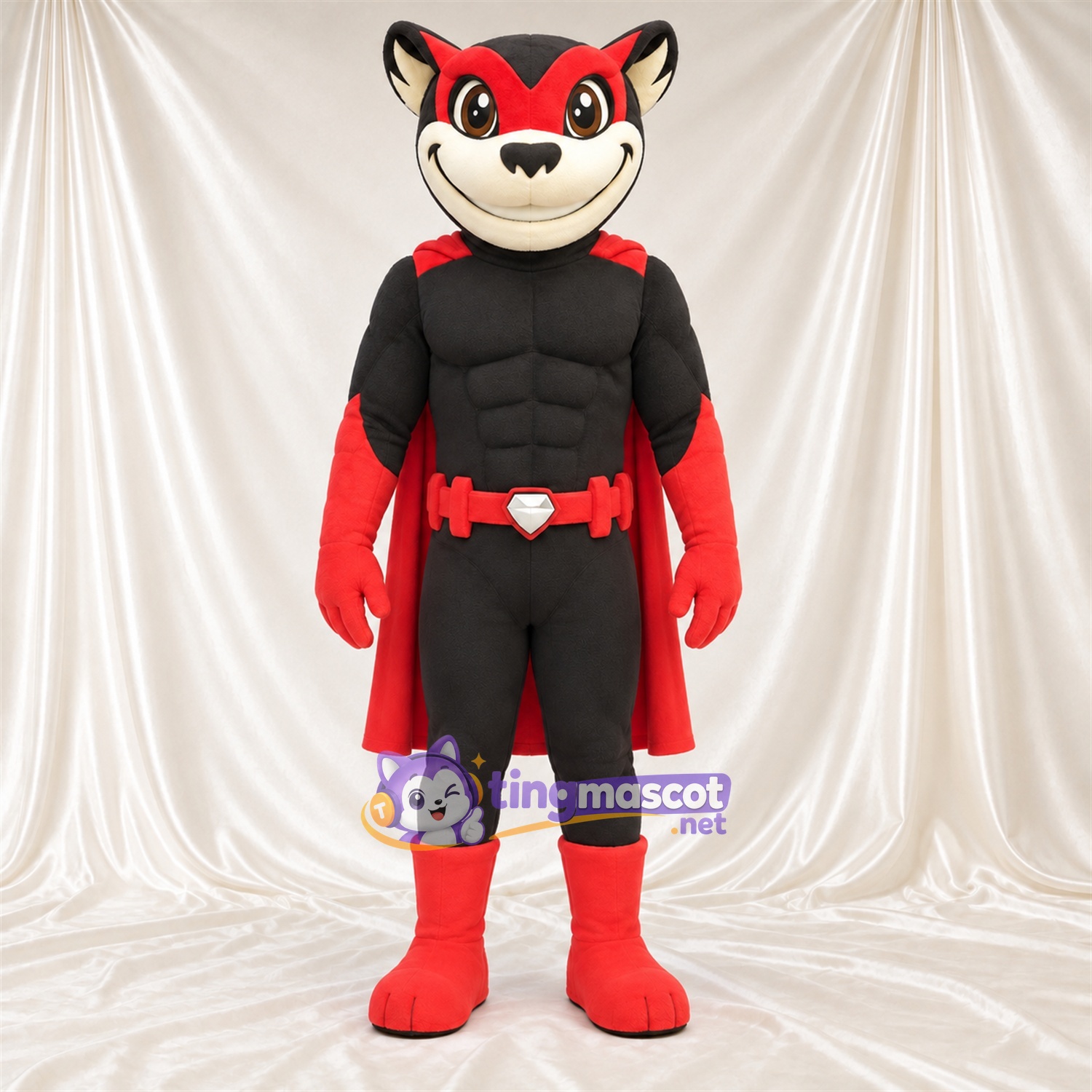 Black and Red Superhero Cat Mascot Costume - Red Cape and Mask Black and Red Superhero Cat Mascot Costume - Red Cape and Mask