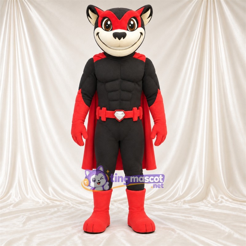 Black and Red Superhero Cat Mascot Costume - Red Cape and Mask Black and Red Superhero Cat Mascot Costume - Red Cape and Mask