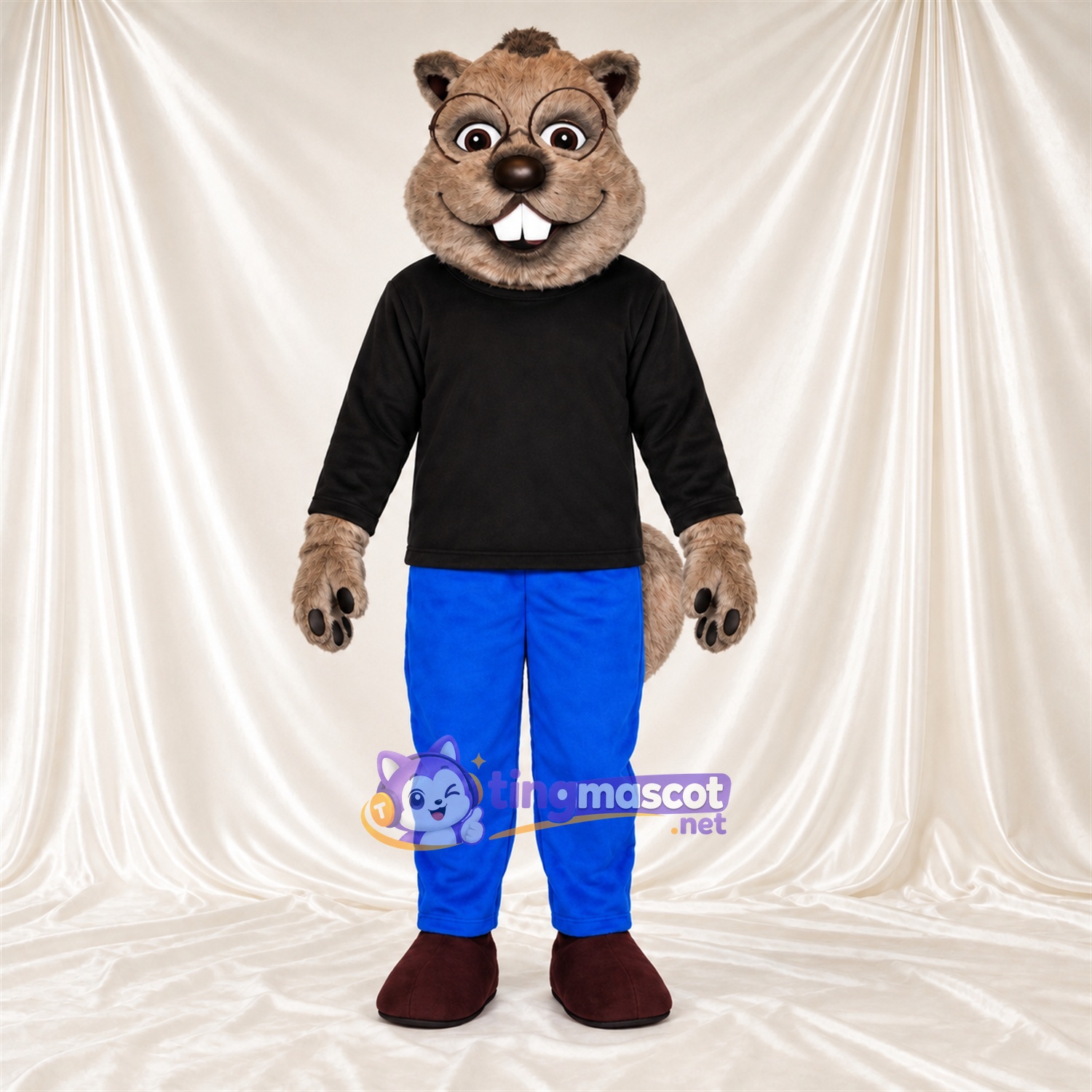 Brown Beaver Mascot Costume - Black Shirt and Blue Pants Brown Beaver Mascot Costume - Black Shirt and Blue Pants