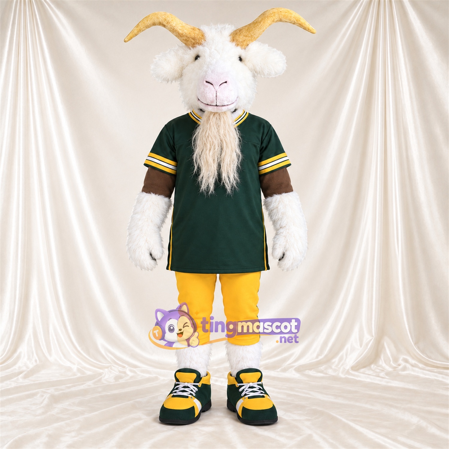Costume de mascotte Chèvre – blanc – Maillot (vert); Pantalon (jaune) Costume de mascotte Chèvre – blanc – Maillot (vert); Pantalon (jaune)