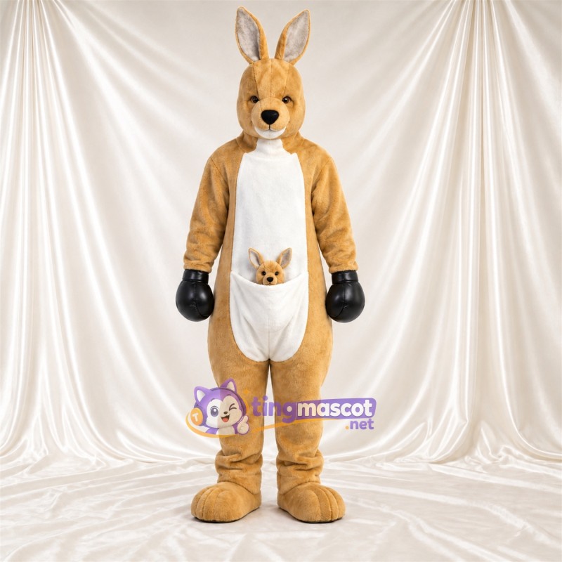 Costume de mascotte Kangourou – brun clair – Poche ventrale (blanc); Gants (noir) Costume de mascotte Kangourou – brun clair – Poche ventrale (blanc); Gants (noir)