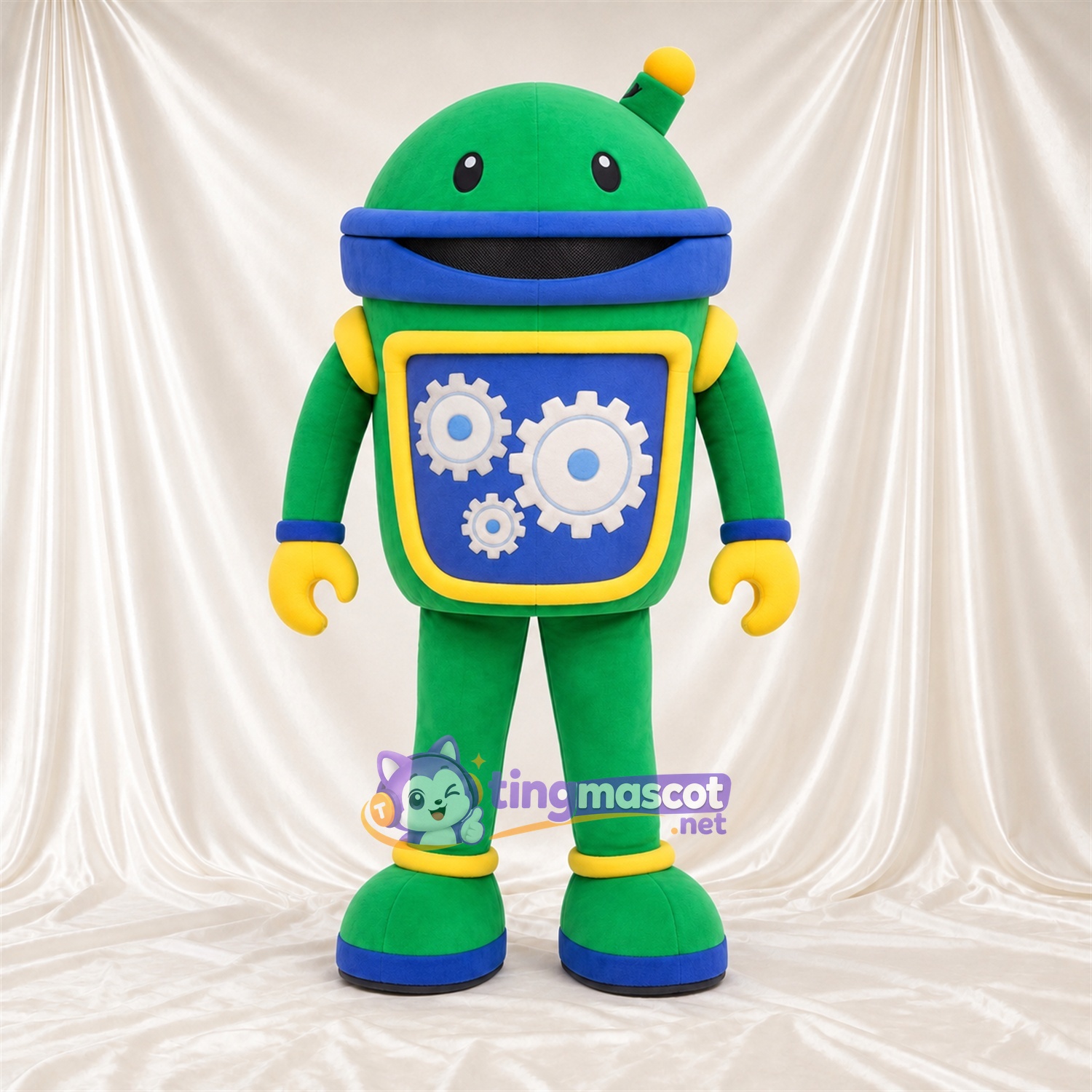 Costume de mascotte Robot – vert – Touches de couleur (bleu / jaune) Costume de mascotte Robot – vert – Touches de couleur (bleu / jaune)
