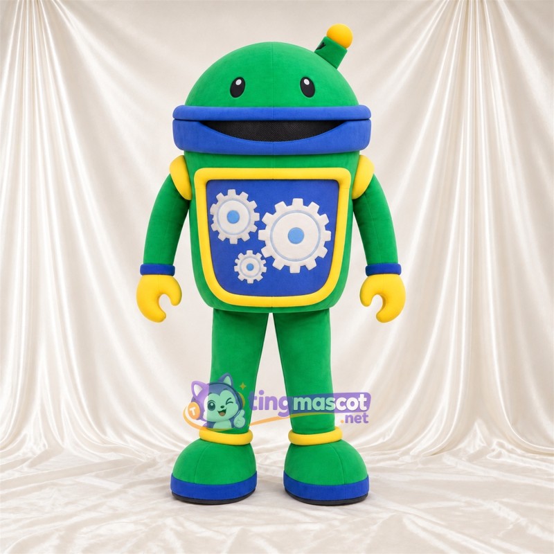 Costume de mascotte Robot – vert – Touches de couleur (bleu / jaune) Costume de mascotte Robot – vert – Touches de couleur (bleu / jaune)