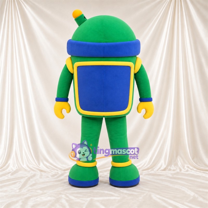 Costume de mascotte Robot – vert – Touches de couleur (bleu / jaune) Costume de mascotte Robot – vert – Touches de couleur (bleu / jaune)