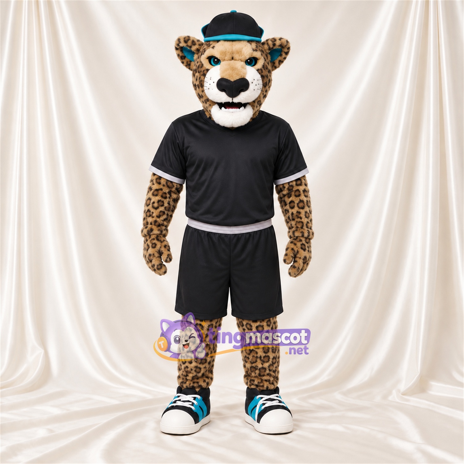 Costume de mascotte Léopard – jaune – Tenue de sport (noir); Casquette Costume de mascotte Léopard – jaune – Tenue de sport (noir); Casquette