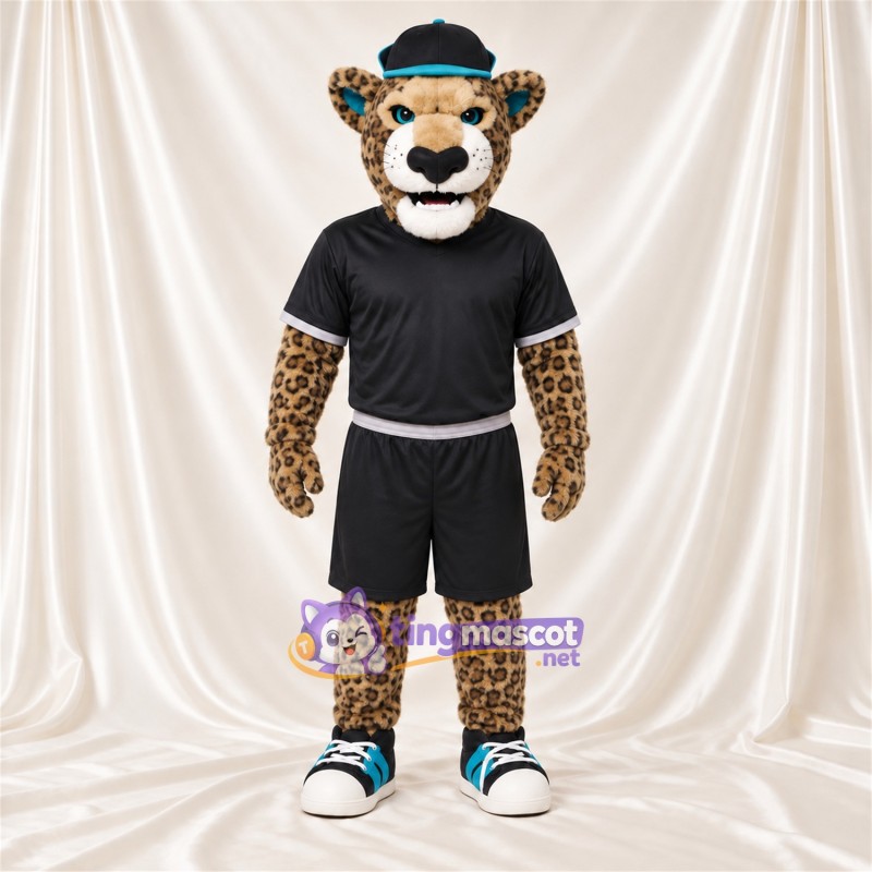 Costume de mascotte Léopard – jaune – Tenue de sport (noir); Casquette Costume de mascotte Léopard – jaune – Tenue de sport (noir); Casquette