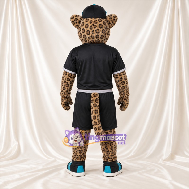 Costume de mascotte Léopard – jaune – Tenue de sport (noir); Casquette Costume de mascotte Léopard – jaune – Tenue de sport (noir); Casquette