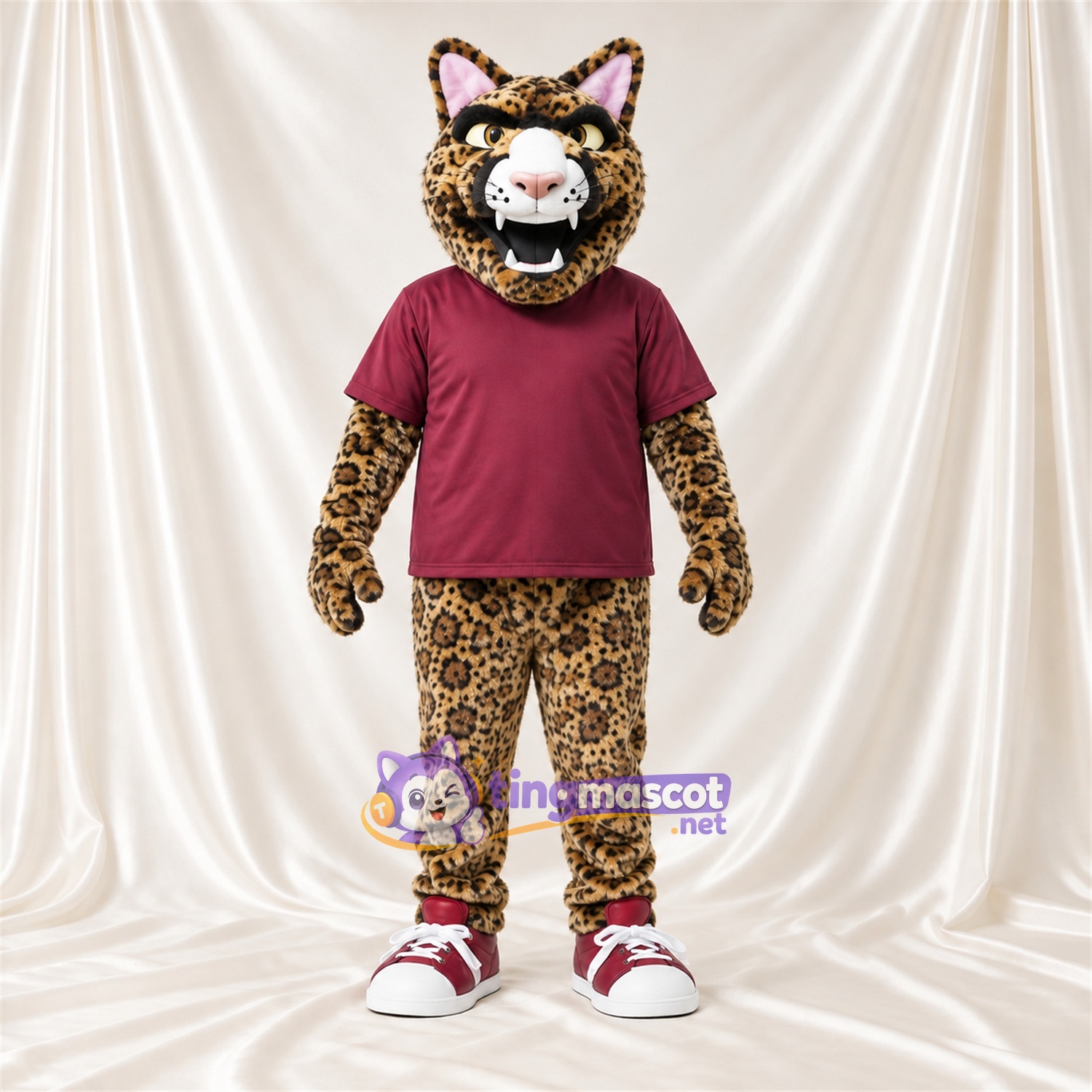 Brown Leopard Mascot Costume - Burgundy Shirt Brown Leopard Mascot Costume - Burgundy Shirt