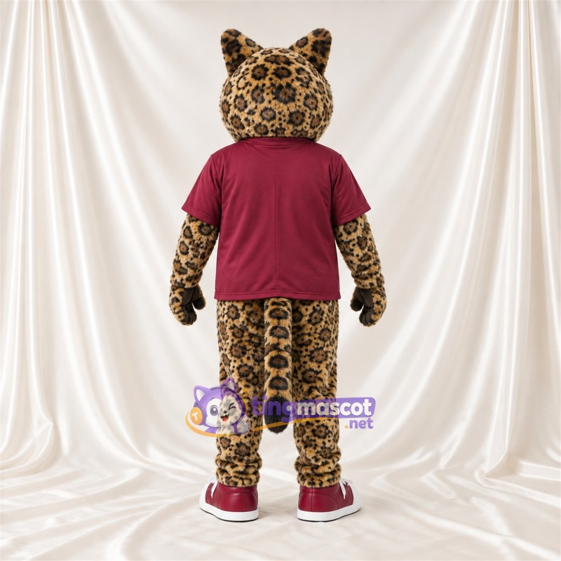 Brown Leopard Mascot Costume - Burgundy Shirt Brown Leopard Mascot Costume - Burgundy Shirt
