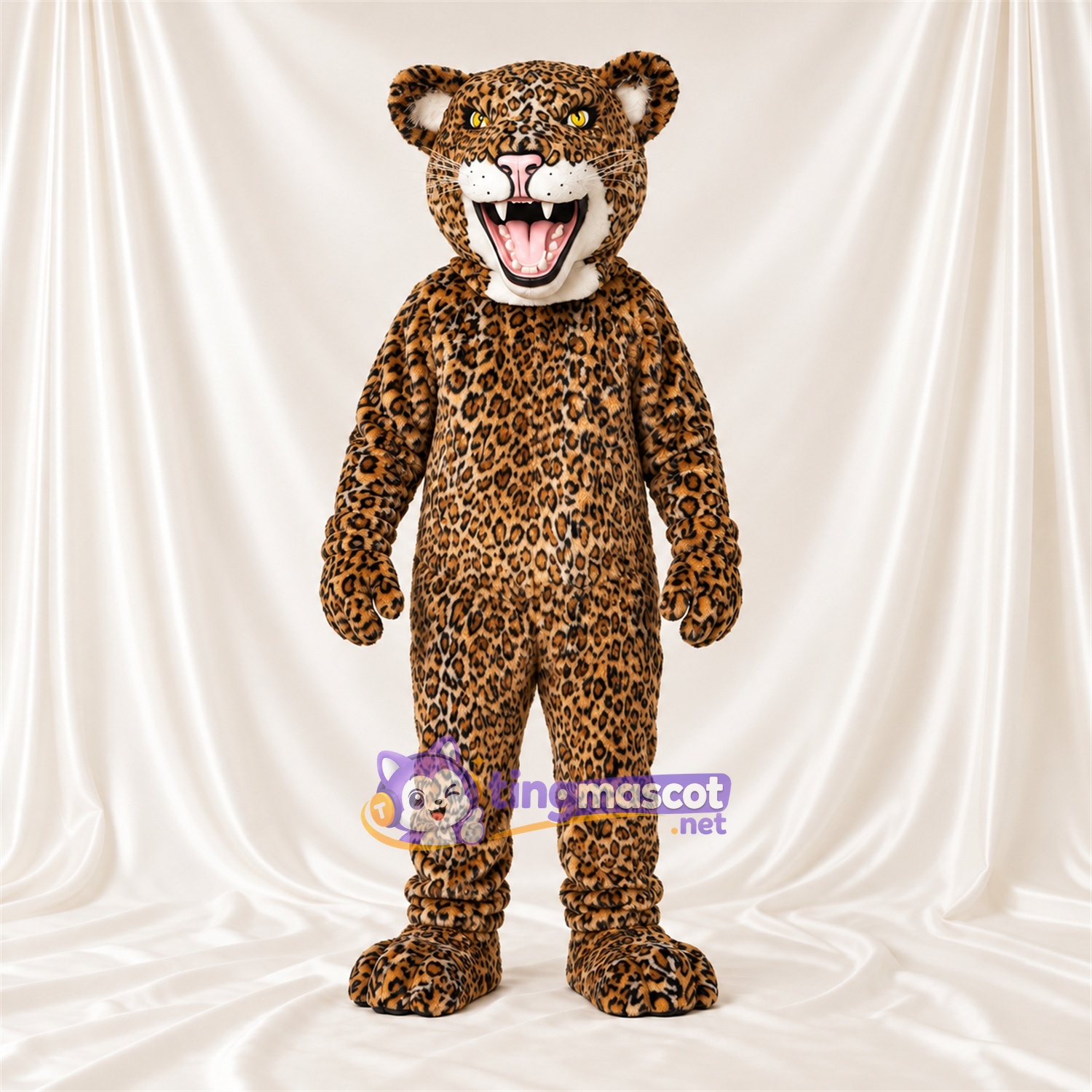 Costume de mascotte Léopard – jaune – Crocs pointus; Taches en rosettes Costume de mascotte Léopard – jaune – Crocs pointus; Taches en rosettes