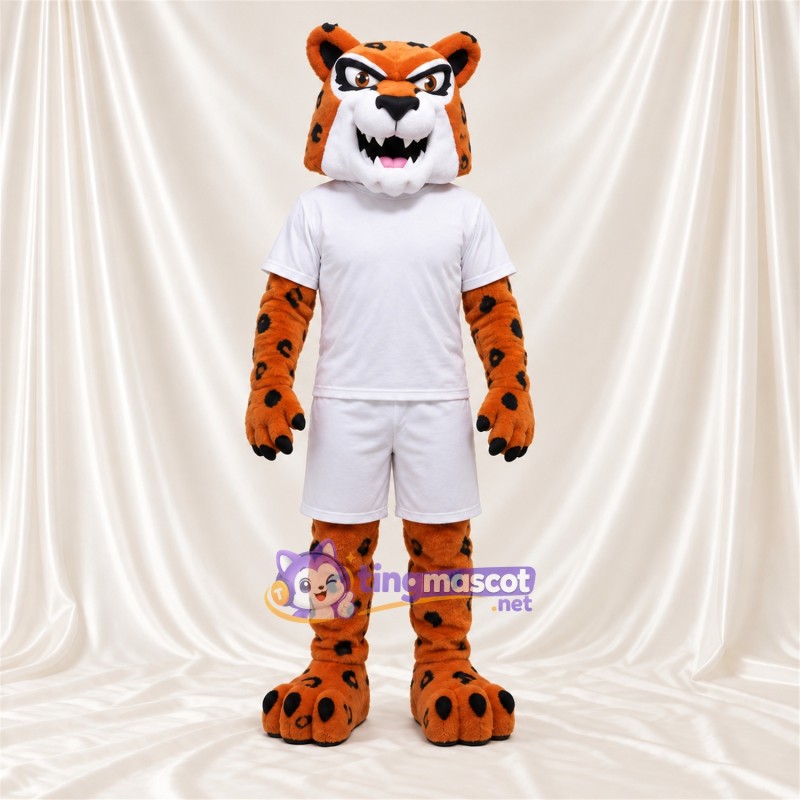 Maskottchenkostüm Gefleckte Katze – orange – Sporttrikot (weiß) Maskottchenkostüm Gefleckte Katze – orange – Sporttrikot (weiß)