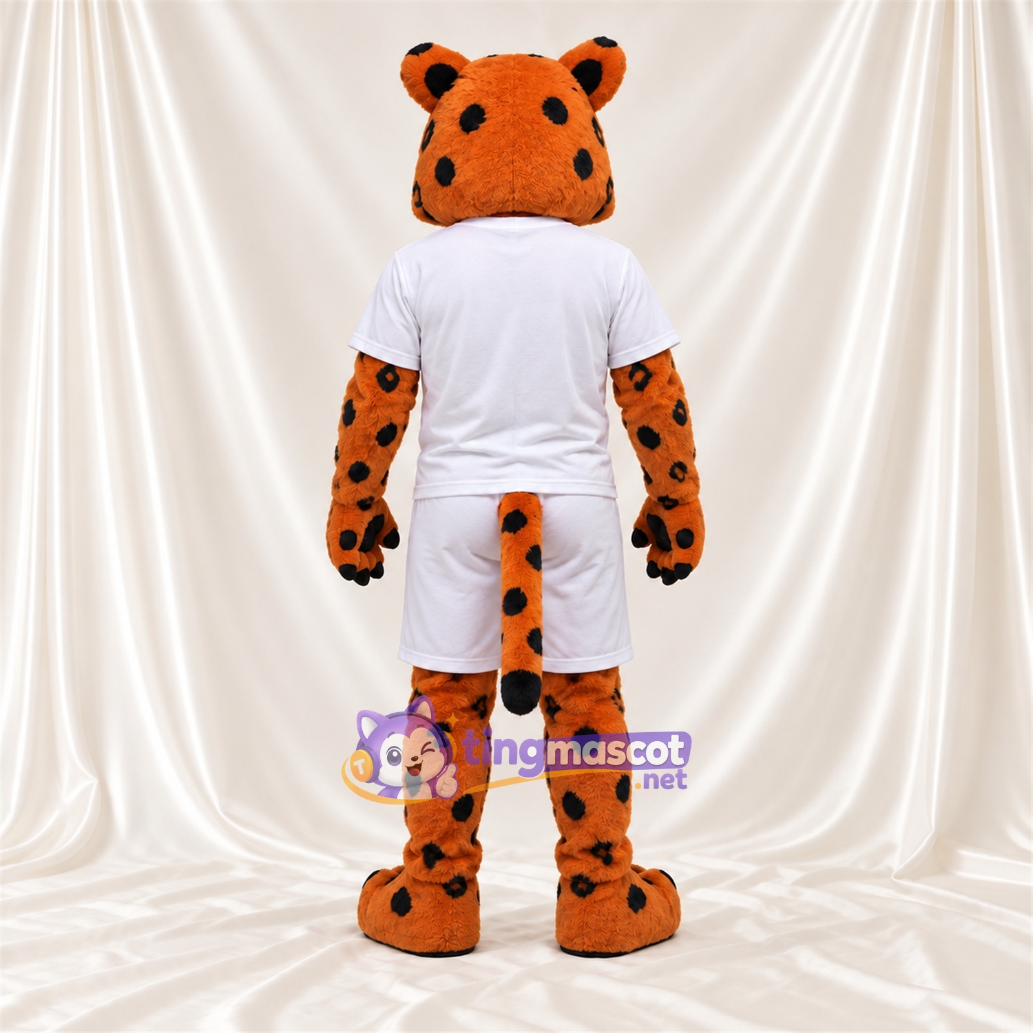 Maskottchenkostüm Gefleckte Katze – orange – Sporttrikot (weiß) Maskottchenkostüm Gefleckte Katze – orange – Sporttrikot (weiß)