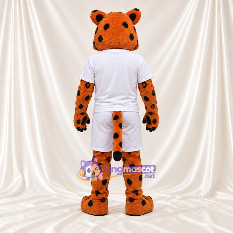 Maskottchenkostüm Gefleckte Katze – orange – Sporttrikot (weiß) Maskottchenkostüm Gefleckte Katze – orange – Sporttrikot (weiß)