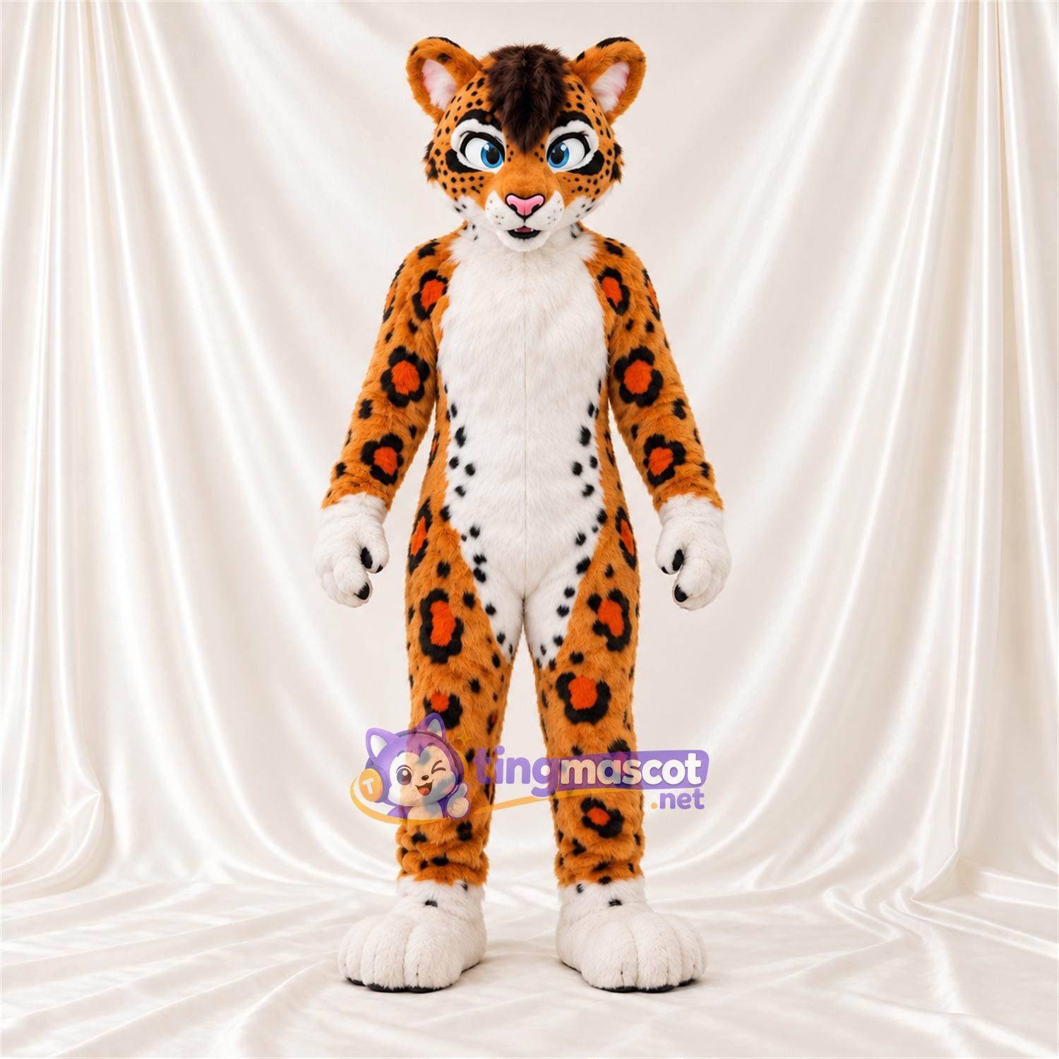 Costume de mascotte Léopard – orange – Ventre (blanc) Costume de mascotte Léopard – orange – Ventre (blanc)
