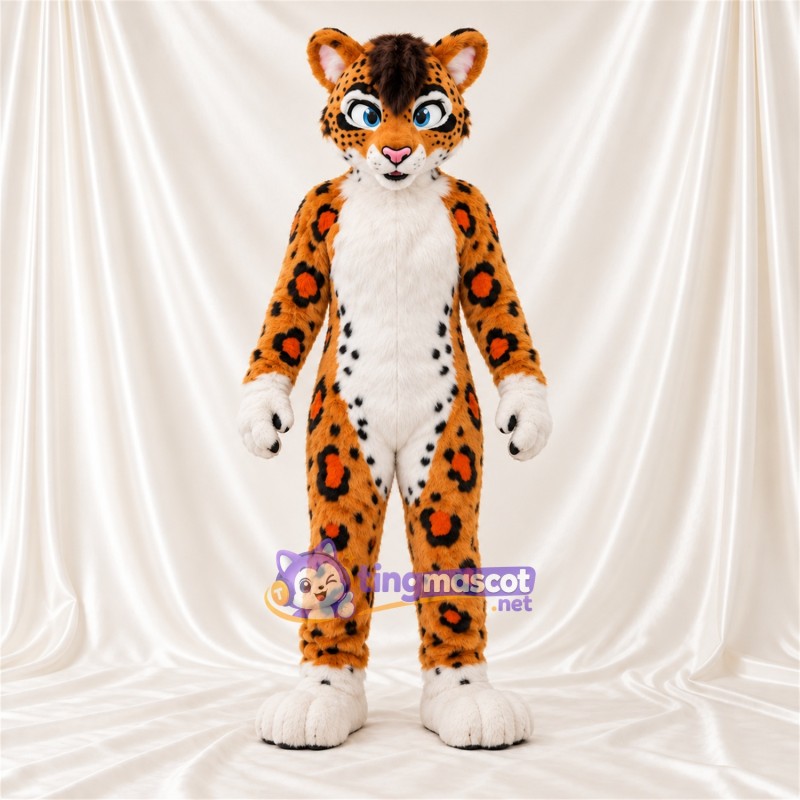 Costume de mascotte Léopard – orange – Ventre (blanc) Costume de mascotte Léopard – orange – Ventre (blanc)