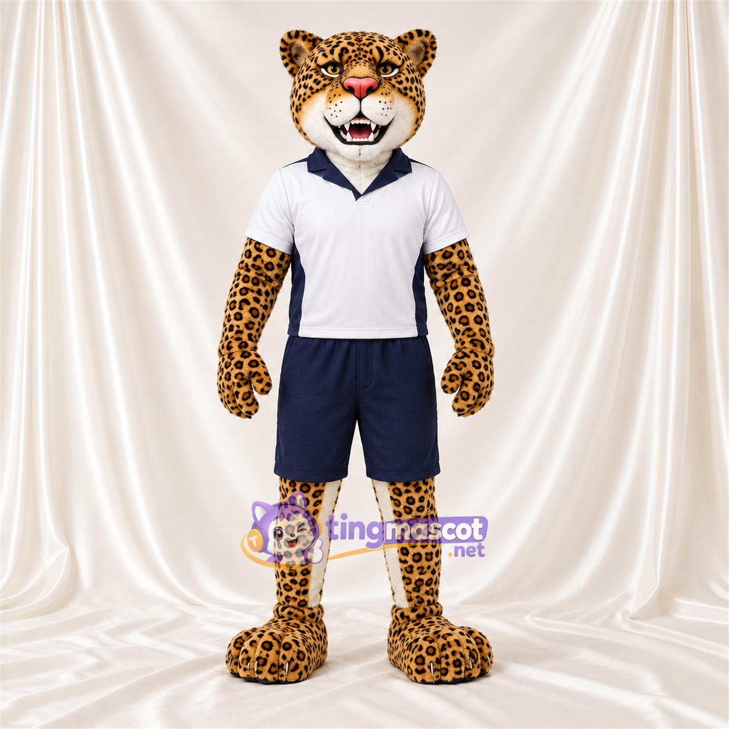 Costume de mascotte Léopard – jaune – Chemise (blanc); Short (noir) Costume de mascotte Léopard – jaune – Chemise (blanc); Short (noir)