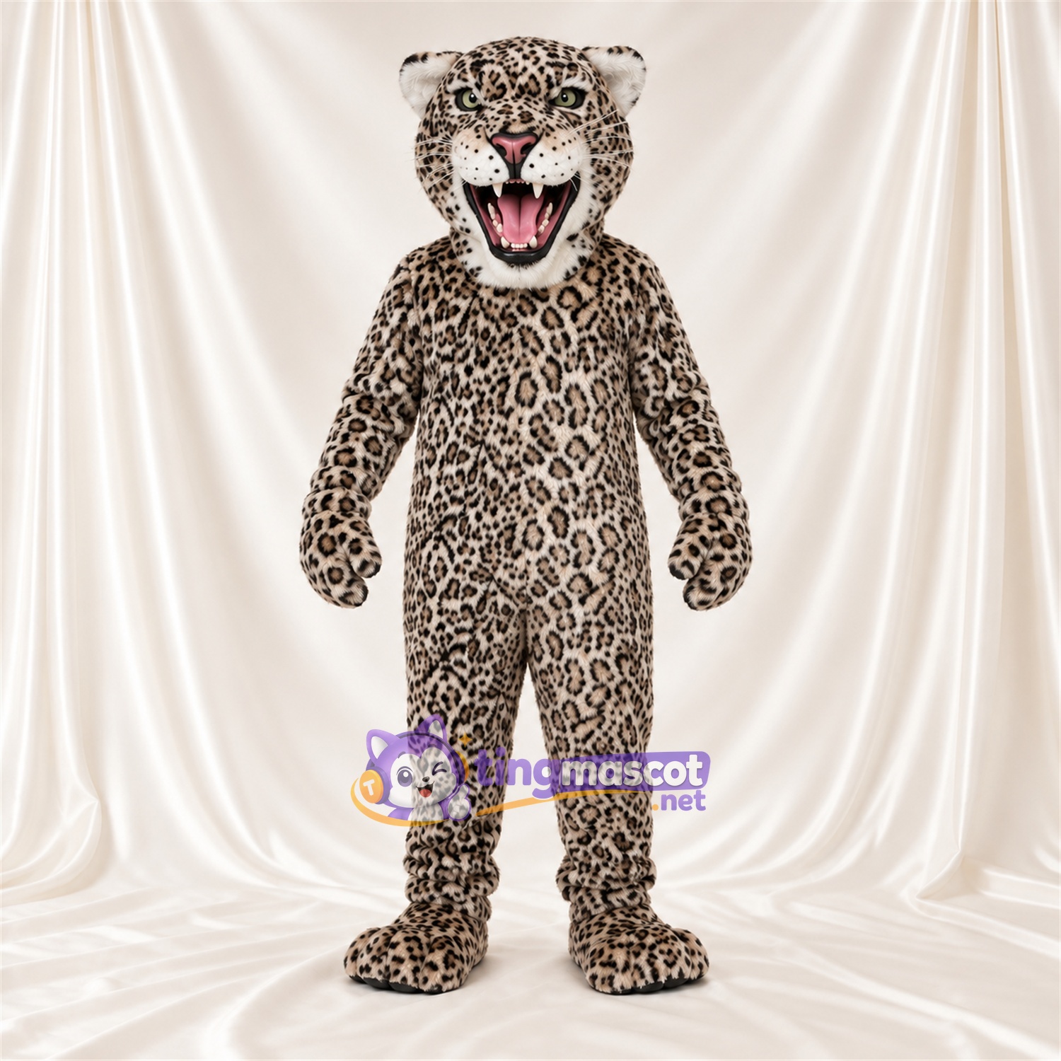 Costume de mascotte Léopard – gris – Crocs pointus; Taches en rosettes Costume de mascotte Léopard – gris – Crocs pointus; Taches en rosettes