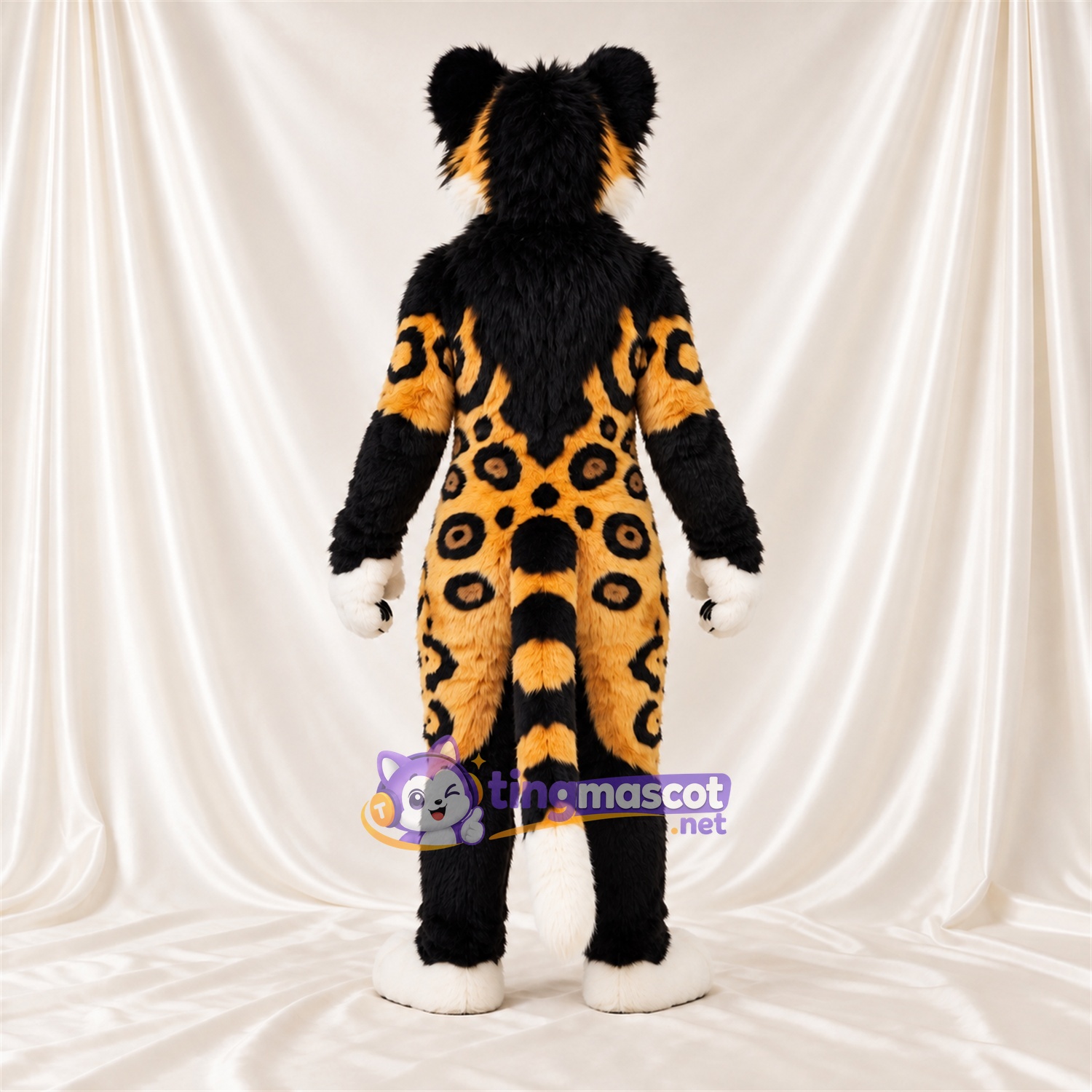 Costume de mascotte Léopard – orange / noir – Ventre (blanc) Costume de mascotte Léopard – orange / noir – Ventre (blanc)