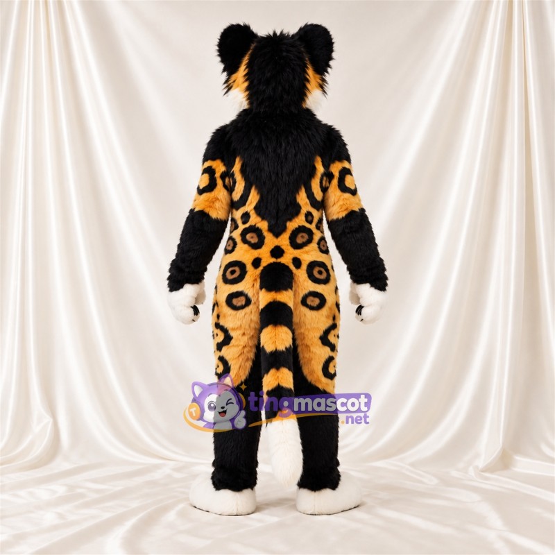 Costume de mascotte Léopard – orange / noir – Ventre (blanc) Costume de mascotte Léopard – orange / noir – Ventre (blanc)
