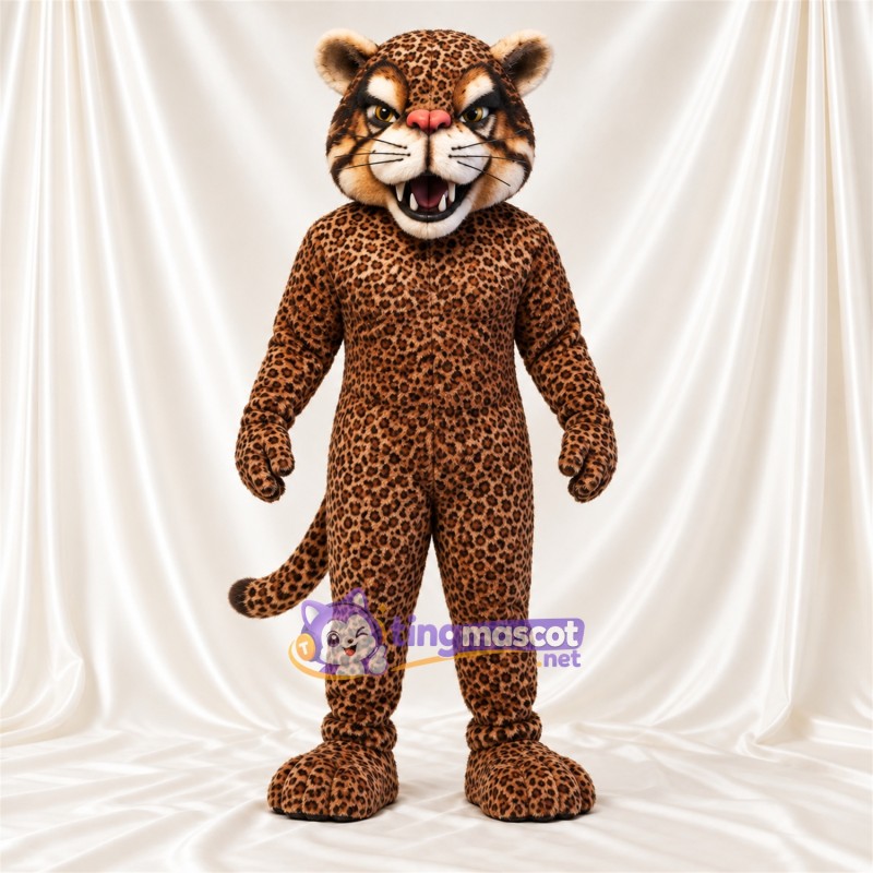Costume de mascotte Léopard – marron – Sourire avec dents; Taches en rosettes Costume de mascotte Léopard – marron – Sourire avec dents; Taches en rosettes